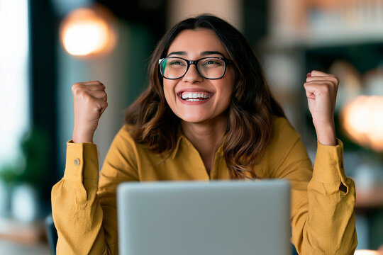 Woman, ecommerce and excited with laptop for sales negotiation, product investment or client growth. Indian, person and happiness for business meeting, profit celebration or logistics target at work