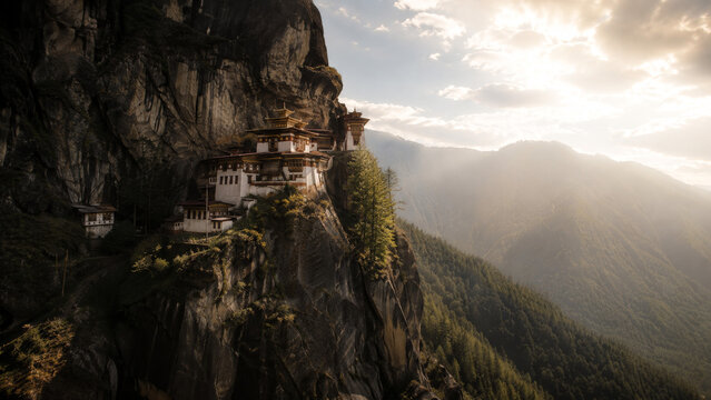 Majestic Cliffside Monastery Architecture in a Misty Mountain Landscape