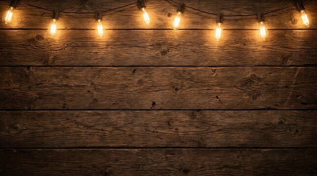 Rustic wooden wall background with warm glowing string lights