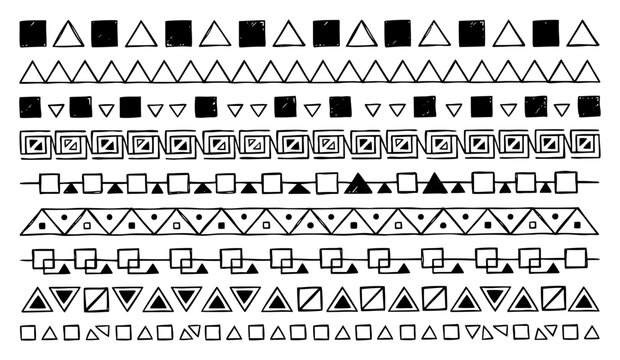 Geometric border patterns and line dividers with square and triangle shapes hand drawn style