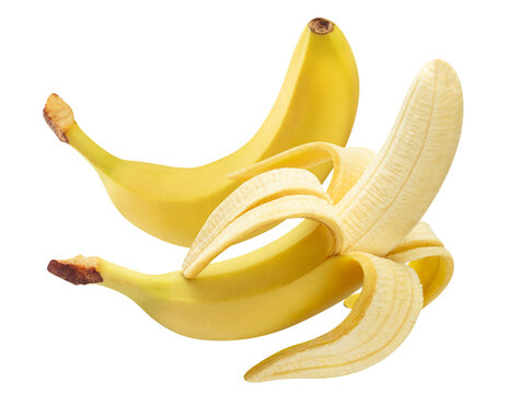Ripe bananas with one partially peeled fruit, isolated on transparent cutout background