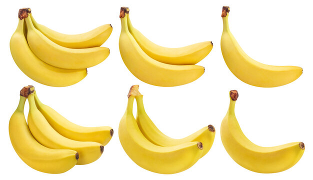 Set of ripe yellow bananas in different quantities, isolated on transparent cutout background