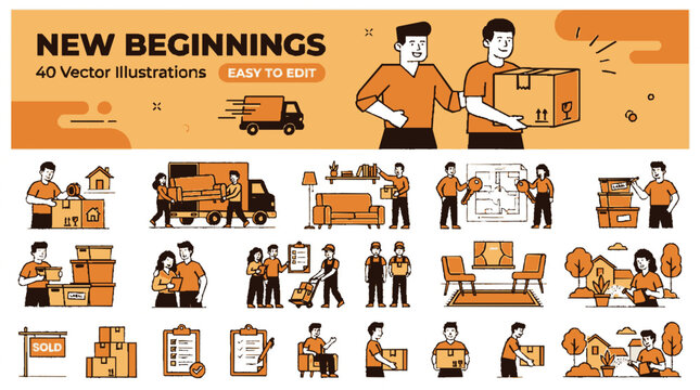 Moving services and real estate flat vector icon set for residential property relocation projects with vector illustrations with forty flat