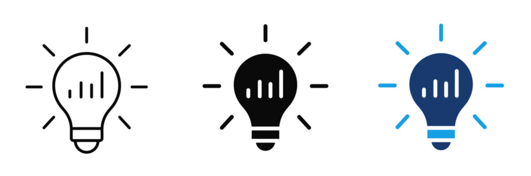 Light Bulb Analytics Icon Set, Data Growth, Business Intelligence, Smart Idea, Innovation, Insight, Statistics, Graph, AI Technology Vector Collection