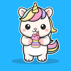 Fototapeta premium Cute Unicorn Cat Holding Cupcake Illustration 