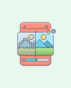 Smartphone app interface showcasing an image enhancement process with a split screen comparing a pixelated landscape to a high resolution sharp mountain view and slider