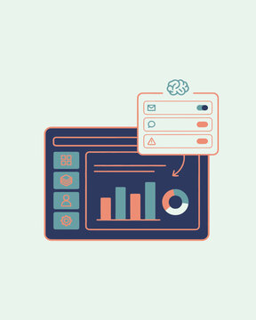 Digital dashboard illustration showing data analytics with bar and donut charts, featuring a floating settings menu with toggle switches and a brain symbol for intelligence