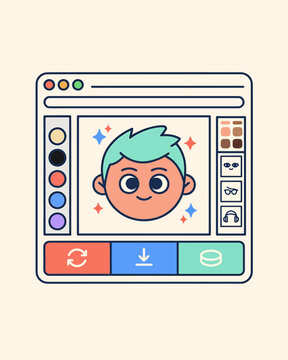Digital character creator interface with male avatar design, colorful palette and customizable accessory options for personal identity in a web browser window