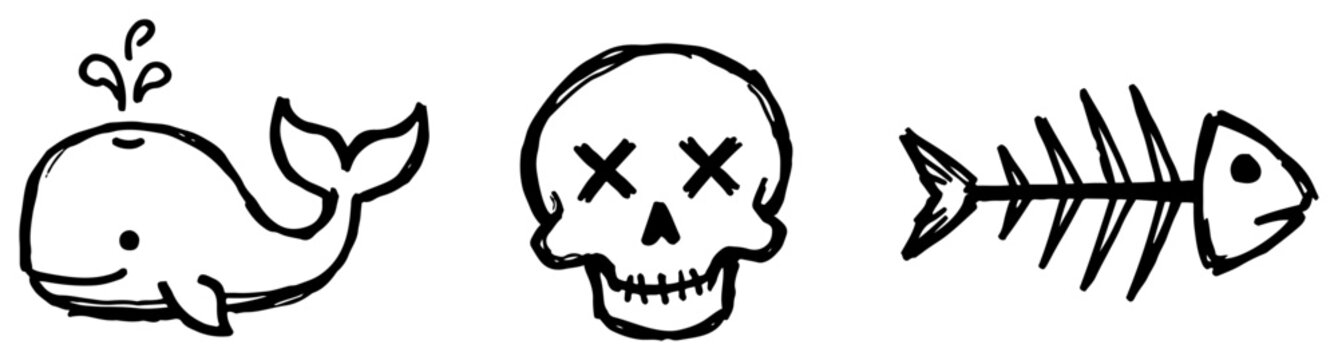 Whale skull and fish skeleton icons set in simple hand drawn doodle style