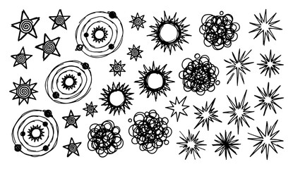 Space elements set with planets stars and suns in hand drawn doodle style © Mago