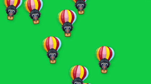 Cartoon Gorillas Falling in Hot Air Balloons on Green Screen