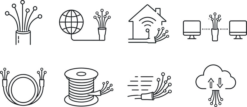 Fiber Optic Cable and Network Connection Icons Set &ndash; Internet, Broadband, Cloud, Smart Home and Data Communication Vector Collection