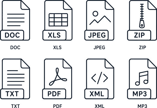 File Format Icons Set Vector | Document File Type Line Icons for DOC XLS JPEG ZIP PDF TXT XML MP3