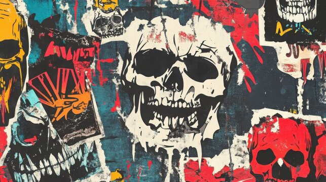 Skulls depicted in a vibrant street art graffiti collage feature splattered paint and bold lines that create a chaotic and edgy aesthetic suitable for modern urban design projects and posters.