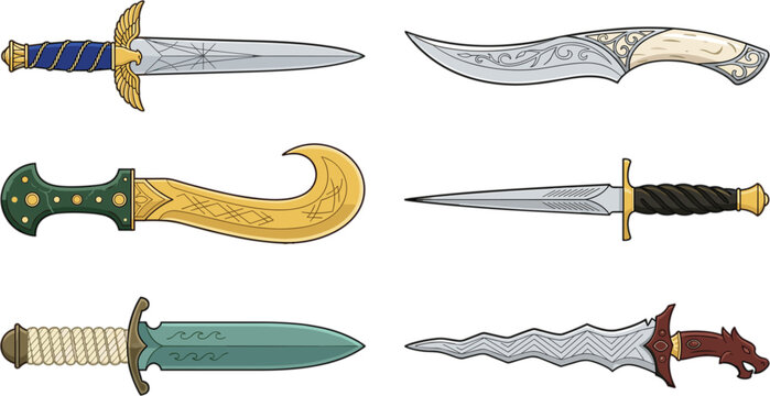 Ancient fantasy daggers and historical knives vector set featuring ornamental blades curved scimitars stilettos and kris weapons