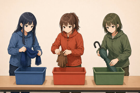 Three women placing a scarf, gloves and an umbrella into color coded bins on a table, item sorting, copy space, マフラー・手袋・傘を色分けした回収ボックスに入れる三人の女性 仕分けの様子