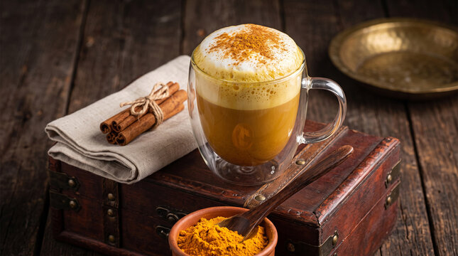 Golden milk latte with turmeric and cinnamon in a glass cup on a rustic wooden table with spices and a wooden box