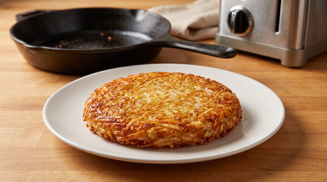 Golden crispy hash brown potato patty served on a white plate on a wooden kitchen table with a cast iron skillet and toaster in the background