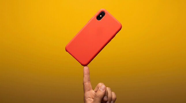 A red smartphone in a protective case is balanced on the tip of a finger against a vibrant yellow background