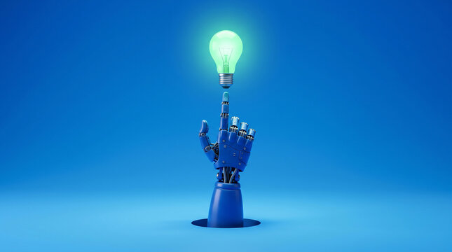 Robotic hand pointing at a glowing light bulb, artificial intelligence and innovation idea concept, 3d render