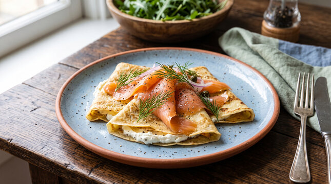 Savory crepes with smoked salmon, cream cheese, capers, red onion, and fresh dill on a rustic wooden table