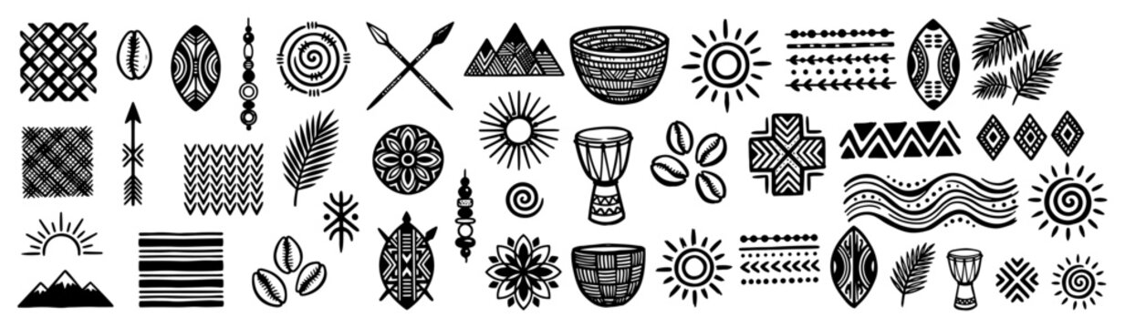 African ethnic symbols and tribal elements set in hand drawn folk style
