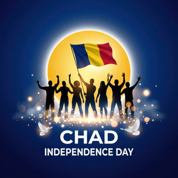 Modern Chad Independence Day greeting illustratposter featuring joyful people celebrating beneath Chad national flag, radiant golden backdrop, glowing light effects and patriotic 11 August celebration