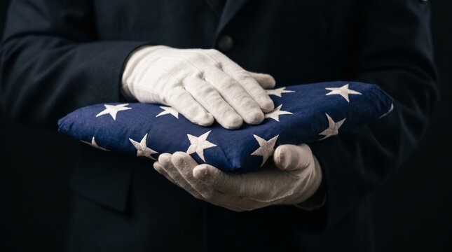 A person in uniform holds a folded American flag with white gloves, symbolizing honor and remembrance. Concept emphasizes patriotism, memorial services, and national pride. Generative AI.