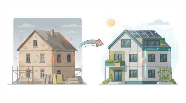 The transformation of a building from outdated to renovated for energy efficiency with insulation and solar panels.