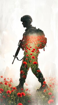 Silhouette of a soldier integrated with blooming poppies. Concept for remembrance, honoring veterans, and Memorial Day visuals, emphasizing sacrifice and memory. Generative AI.