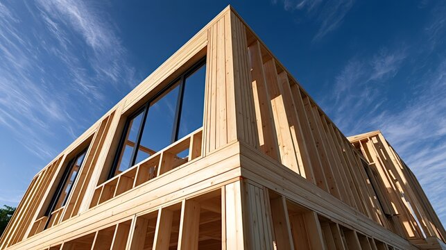 Wooden structure of a modern residential building under construction, showing framing, window openings, and wall studs against a clear blue sky, representing development and future home ownership