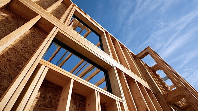 House framing revealing the wooden skeletal structure of a new home under construction. Showing timber beams. Wall studs. And window openings against a clear blue sky