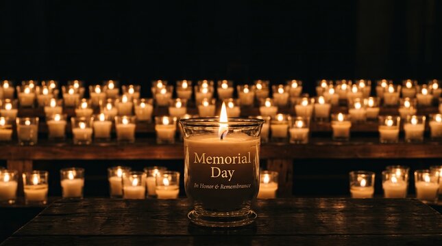 Memorial Day candle among many glowing candles creating a serene ambiance. Concept of remembrance, patriotism, and honoring military service, ideal for commemorative event promotions. Generative AI.