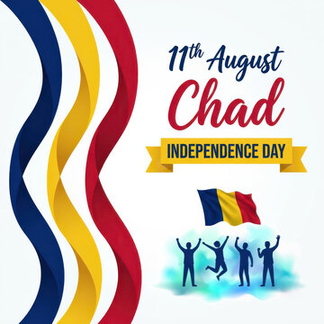 Chad Independence Day greeting poster featuring colorful ribbon waves inspired by Chad national flag, celebrating crowd silhouettes, elegant 11th August message and patriotic design holiday illustrate