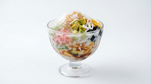 A refreshing bowl of Indonesian Es Campur dessert with avocado, coconut and colorful jelly cubes.