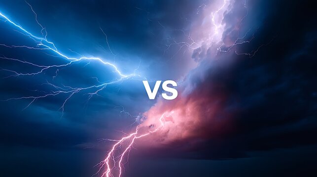 Sky split by a dramatic clash of blue and pink lightning bolts, creating a powerful visual depicting a fierce competition or opposition between forces in a dark storm