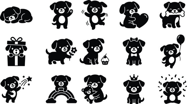 Cute cartoon puppy character icon set with playful dog poses, kawaii pet mascot collection for stickers, greeting cards and kids design, editable vector