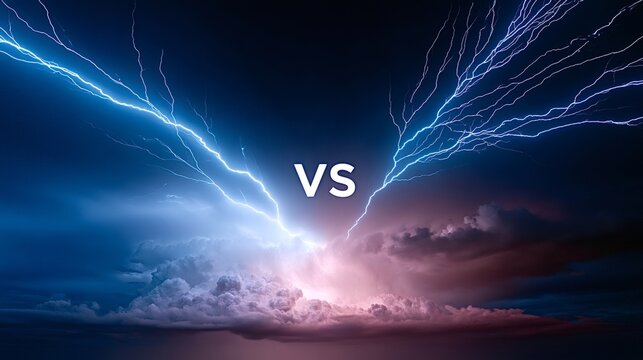 Sky showing two powerful lightning bolts clashing in a dramatic storm, representing a dynamic fight between opposing forces, energy, and weather phenomena