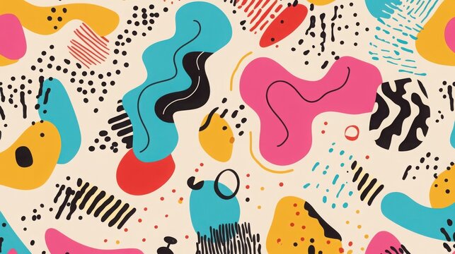 Abstract pattern features a collection of colorful organic shapes, playful dots, and hand-drawn lines arranged on a neutral beige background to provide a modern and artistic decorative surface design.
