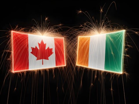 Festive display of Canadian and Irish flags with sparklers. Celebratory patriotic scene with national symbols and vibrant fireworks.