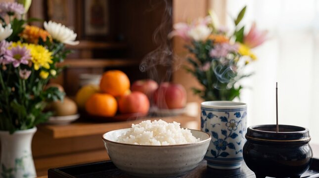 Traditional Asian breakfast offering with steaming white rice, tea in ceramic cup, incense smoke, fresh fruit and colorful flowers on a wooden table