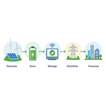 Renewable energy process flowchart showing generation storage management distribution with illustrates sequential renewable energy workflow with digital management power