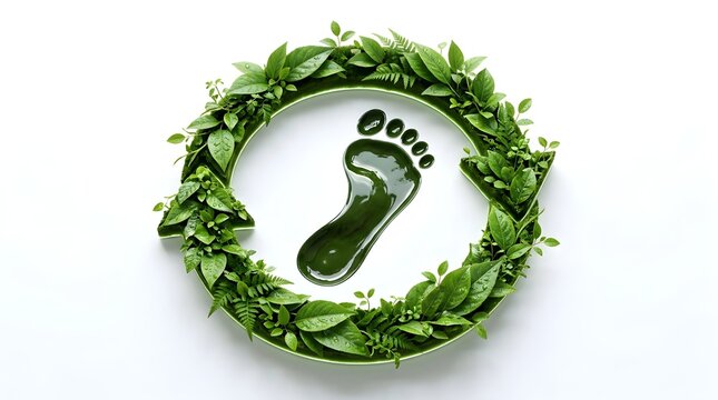 Green Carbon Footprint Symbol with Circular Recycling Arrow and Lush Leaves Isolated on White Background