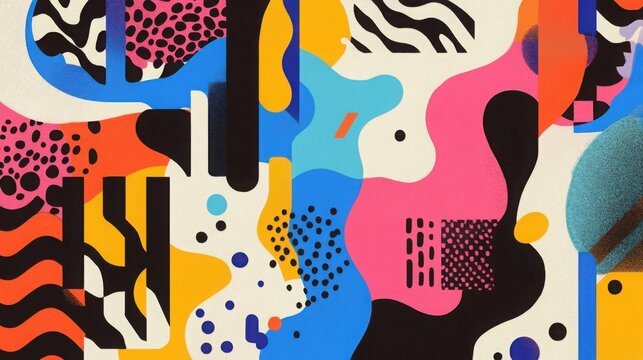Abstract shapes and organic patterns combine in a colorful modern composition to create a visually engaging graphic resource that provides a sense of artistic flow for creative design projects today.