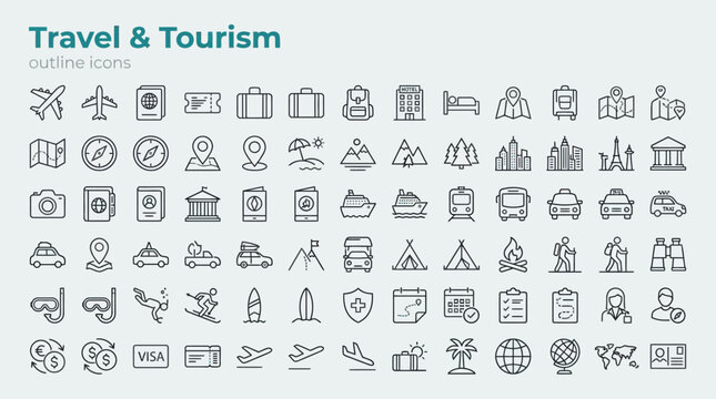 A grid of 88 monochrome line icons depicting travel and tourism themes including transport landmarks and gear