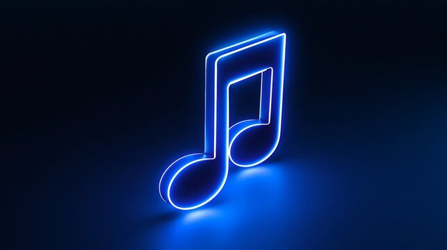 Blue neon glowing music note symbol illuminated on a dark background, representing digital audio, entertainment, technology, and broadcasting concepts with a vibrant light effect