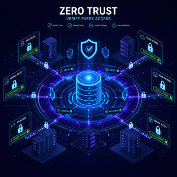 Modern cybersecurity framework showcasing zero trust network architecture with multi layer access verification with application requires continuous verification through centralized authentication hub