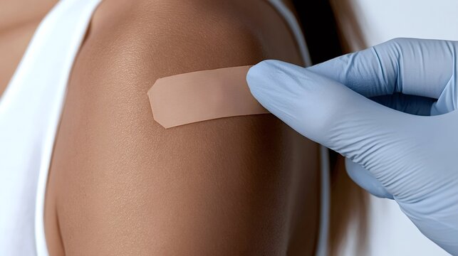 Medical staff hand in blue glove applying an adhesive bandage to a patient's shoulder after receiving a vaccination or injection, representing healthcare and prevention