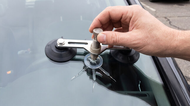 Resin injector bridge repairing a star-shaped windshield chip