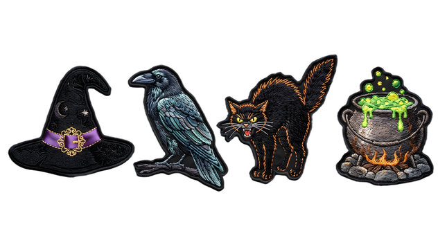 Set of embroidered halloween patches including a witch hat, raven, black cat, and bubbling cauldron isolated on transparent background